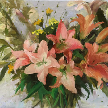 Painting titled "Pink lily flower" by Ling Strube, Original Artwork, Oil