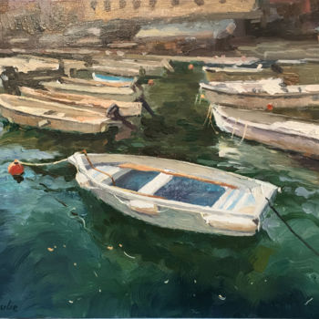 Painting titled "Boats in Portofino" by Ling Strube, Original Artwork, Oil
