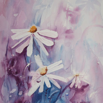 Painting titled "Daisies in blue" by Lin Manlow, Original Artwork, Watercolor