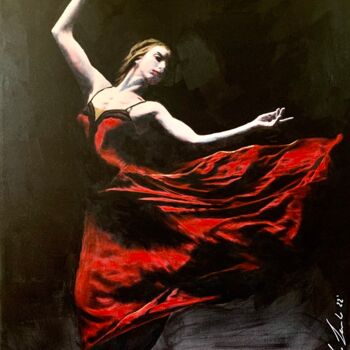 Painting titled "WOMAN IN RED DANCING" by Lino Scerbo, Original Artwork, Acrylic Mounted on Wood Stretcher frame