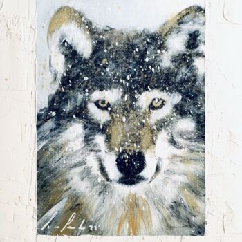 Painting titled "Lupo nella neve" by Lino Scerbo, Original Artwork, Acrylic Mounted on Wood Panel