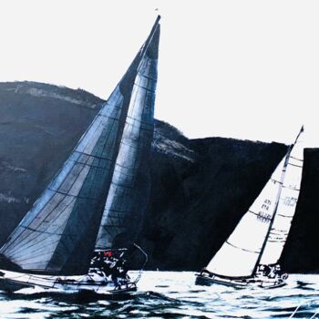 Картина под названием "Barche in Regata de…" - Lino Scerbo, Подлинное произведение искусства, Акрил Установлен на Деревянная…