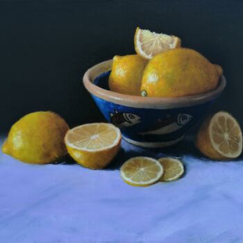 Ζωγραφική με τίτλο "citrons au bol bleu." από Lionel Crotet (nel), Αυθεντικά έργα τέχνης, Λάδι
