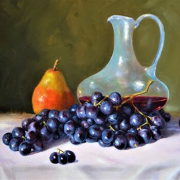 Painting titled "Carafe aux raisins" by Lionel Crotet (nel), Original Artwork, Oil