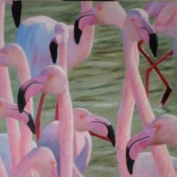 Painting titled "Flamingos !" by Lionel Crotet (nel), Original Artwork, Oil