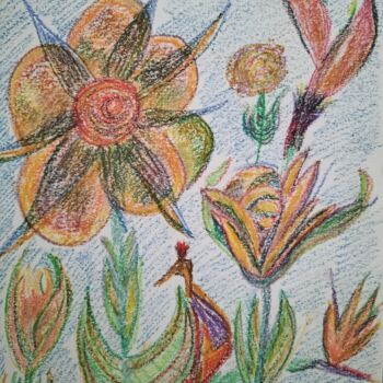 Drawing titled "Bird and flowers" by Lionel Denise, Original Artwork, Pastel