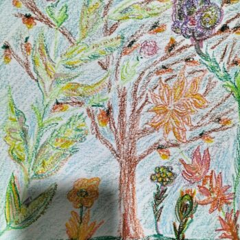 Drawing titled "Tree and flowers" by Lionel Denise, Original Artwork, Pastel