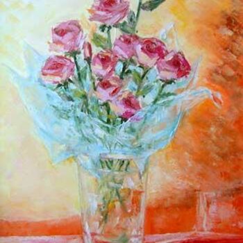 Картина под названием "vaso con   rose e u…" - Giuseppe Liotta, Подлинное произведение искусства