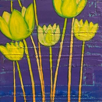 Malarstwo zatytułowany „Tulips in Moon Glow” autorstwa Lisa Trevino, Oryginalna praca, Akryl Zamontowany na Drewniana rama n…