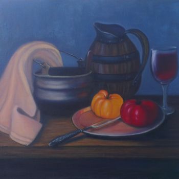 Painting titled "Wine and tomatoes" by Lisa, Original Artwork, Oil