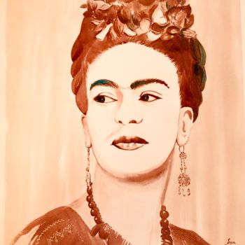 Painting titled "Portrait Frida Kahl…" by Lisa Mazzoni, Original Artwork, Ink Mounted on Cardboard