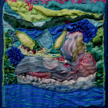 Textile Art titled "Au fil de l'eau" by Lise Golomb, Original Artwork, Patchwork Mounted on Wood Stretcher frame
