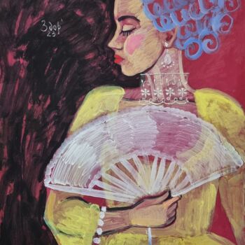 Картина под названием "Girl with a fan" - Liuba Zdor, Подлинное произведение искусства, Акрил