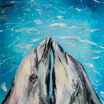 Malerei mit dem Titel "Dolphin love" von Liubov Kuptsova, Original-Kunstwerk, Öl Auf Keilrahmen aus Holz montiert