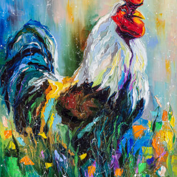 Painting titled "Cute rooster" by Liubov Kuptsova, Original Artwork, Oil Mounted on Wood Stretcher frame