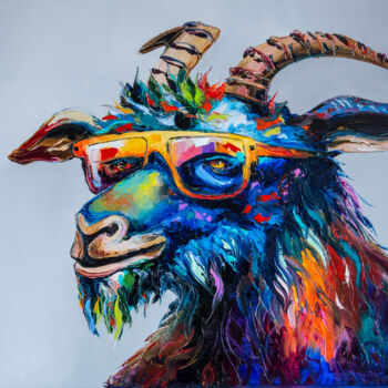 Painting titled "Goat in sunglasses" by Liubov Kuptsova, Original Artwork, Oil Mounted on Wood Stretcher frame