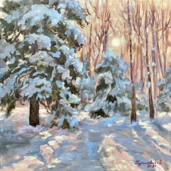Painting titled "Winter in the forest" by Liudmila Kurilovich, Original Artwork, Oil Mounted on Wood Stretcher frame