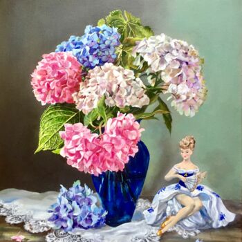 Malarstwo zatytułowany „Hydrangea” autorstwa Liudmila Kurilovich, Oryginalna praca, Olej Zamontowany na Drewniana rama noszy