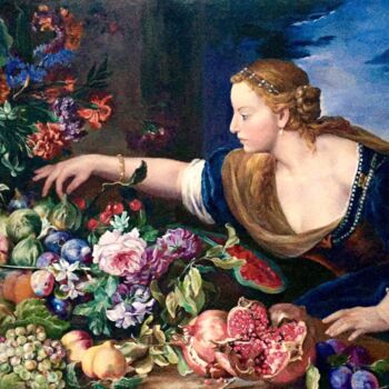 Painting titled "Girl with fruits" by Liudmila Kurilovich, Original Artwork, Oil