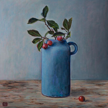 Картина под названием "Blue Vase And Berri…" - Liudmila Pisliakova, Подлинное произведение искусства, Масло Установлен на Де…