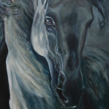 Painting titled "Silver Horse" by Liudmila Pisliakova, Original Artwork, Oil Mounted on Wood Stretcher frame