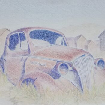 Drawing titled "landscape #old auto" by Liudmila Rabinovich, Original Artwork, Conté