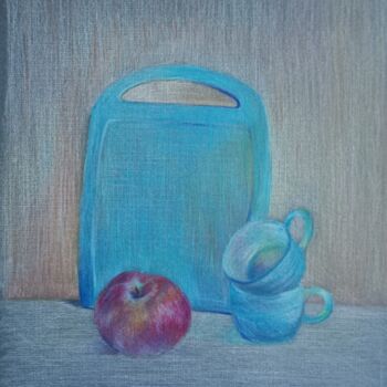 Картина под названием "blue cups still life" - Liudmila Rabinovich, Подлинное произведение искусства, Цветные карандаши