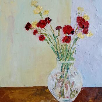 Painting titled "carnations in round…" by Liudmila Rabinovich, Original Artwork, Oil