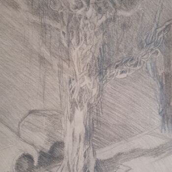 Disegno intitolato "tree at night stree…" da Liudmila Rabinovich, Opera d'arte originale, Matita