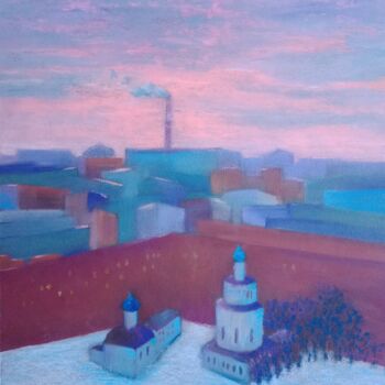 Disegno intitolato "cityscape, sunset" da Liudmila Rabinovich, Opera d'arte originale, Pastello