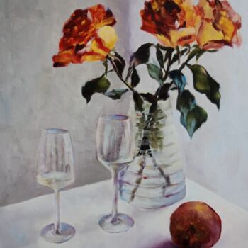 Peinture intitulée "still life with ros…" par Liudmila Rabinovich, Œuvre d'art originale, Huile