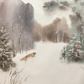 Картина под названием "Зима.Лисичка." - Людмила Стойлик, Подлинное произведение искусства, Акварель