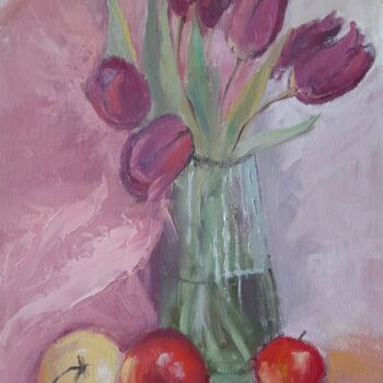 Schilderij getiteld "Tulips still life" door Liudmyla Lelechenko, Origineel Kunstwerk, Olie