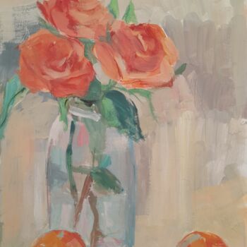 Painting titled "Roses & mandarins" by Liudmyla Lelechenko, Original Artwork, Tempera