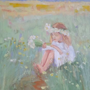 Картина под названием "Girl on the meadow" - Liudmyla Lelechenko, Подлинное произведение искусства, Масло