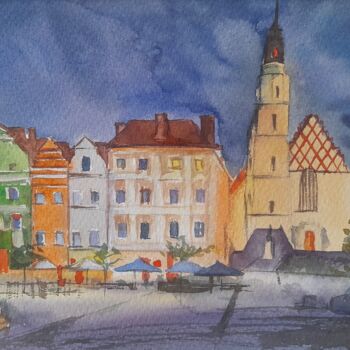 Pintura intitulada "Market Square eveni…" por Liudmyla Lelechenko, Obras de arte originais, Aquarela