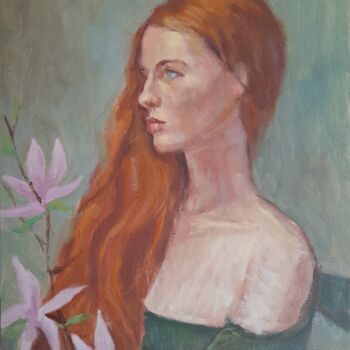 Peinture intitulée "Woman with Magnolias" par Liudmyla Lelechenko, Œuvre d'art originale, Huile