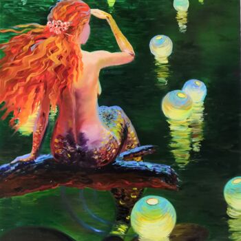 Painting titled "Sirène. Mermaid." by Liudmyla Riabkova, Original Artwork, Oil Mounted on Wood Stretcher frame