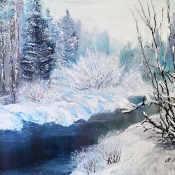 Painting titled "l'hiver dans la for…" by Liudmyla Riabkova, Original Artwork, Oil Mounted on Wood Stretcher frame