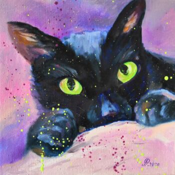 Painting titled "Green eyes, cat art" by Liudmyla Riabkova, Original Artwork, Oil