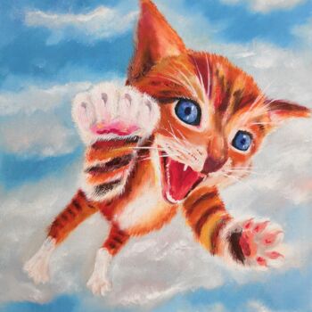 Schilderij getiteld "Kitten in the clouds" door Liudmyla Riabkova, Origineel Kunstwerk, Olie