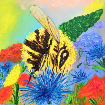 Pittura intitolato "Bee on a flower, Ab…" da Liudmyla Riabkova, Opera d'arte originale, Olio