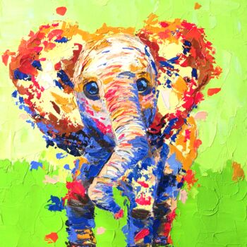 Pittura intitolato "Funny elephant danc…" da Liudmyla Riabkova, Opera d'arte originale, Olio