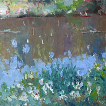 Pittura intitolato "Pond" da Liudvikas Daugirdas, Opera d'arte originale, Olio