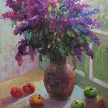 Painting titled "Lilac flowers in th…" by Liudvikas Daugirdas, Original Artwork, Oil Mounted on Wood Stretcher frame