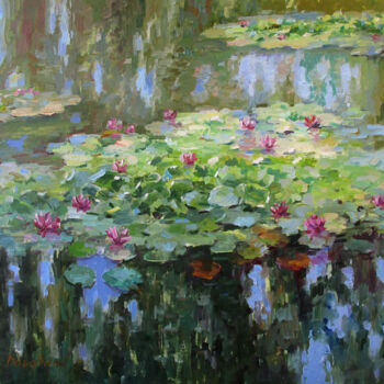 Painting titled "Water lilies in the…" by Liudvikas Daugirdas, Original Artwork, Oil Mounted on Wood Stretcher frame