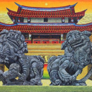 Painting titled "Two Lions welcome t…" by Yang-Che Liu, Original Artwork, Oil
