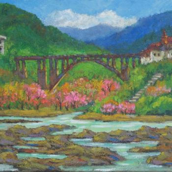 绘画 标题为“Houtong Arch Bridge” 由Yang-Che Liu, 原创艺术品, 油