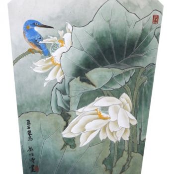 Peinture intitulée "蓝耳翠鸟  66x43cm  刘怡涛.…" par Yi Tao Yitao Liu Liu Hua Lang Gallery, Œuvre d'art originale