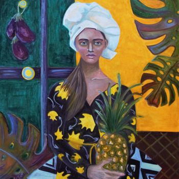 Schilderij getiteld "девушка с ананасом(…" door Mariya Vorobyeva, Origineel Kunstwerk, Olie